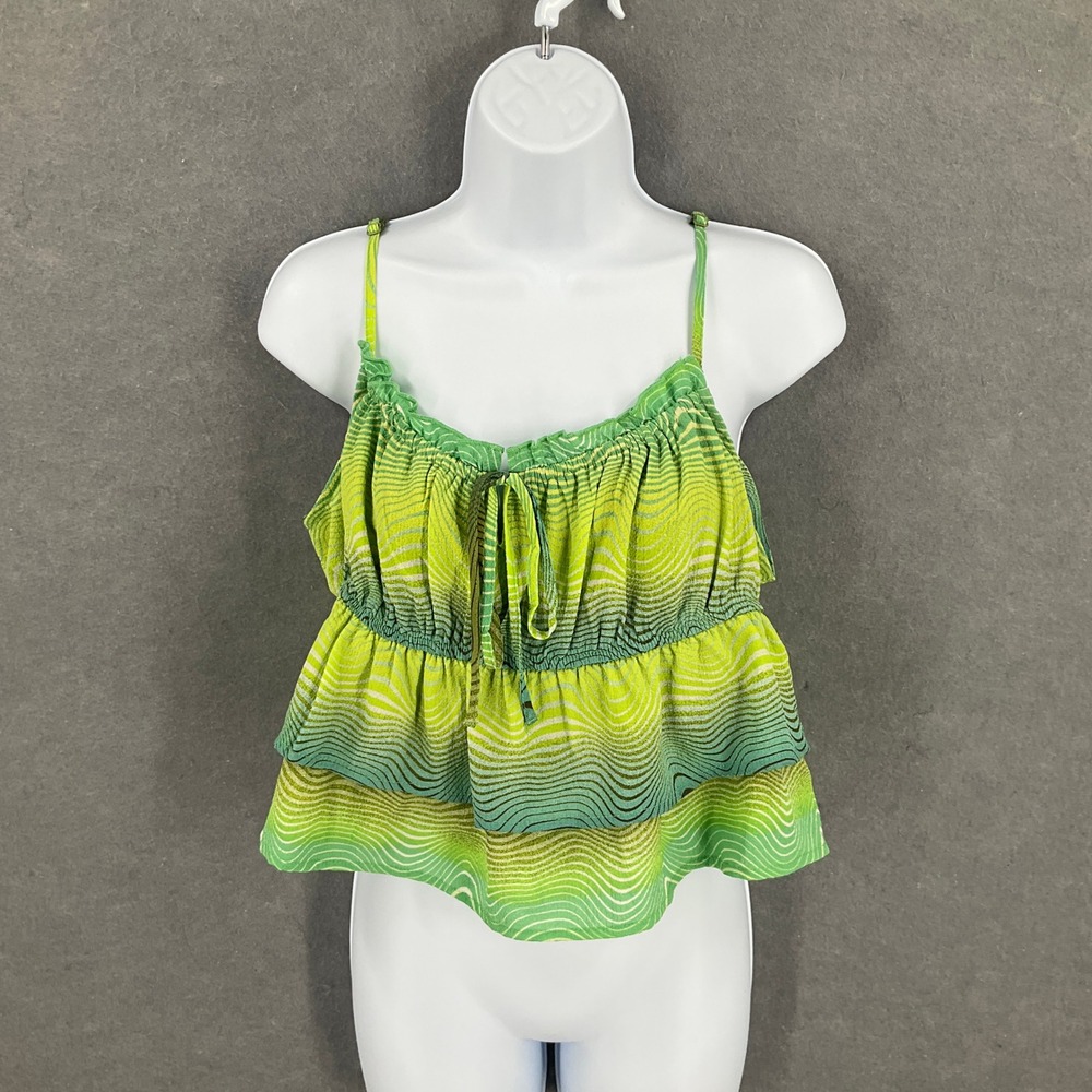 Wild Fable Green Wave Print Ruffle Tiered Babydoll Cami Top XL Tie Front NEW‎